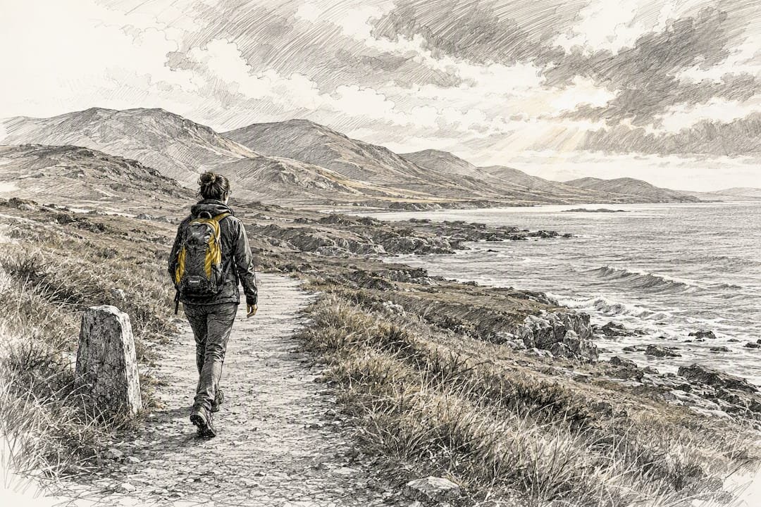 Connemara coastal path beneath cloudy skies