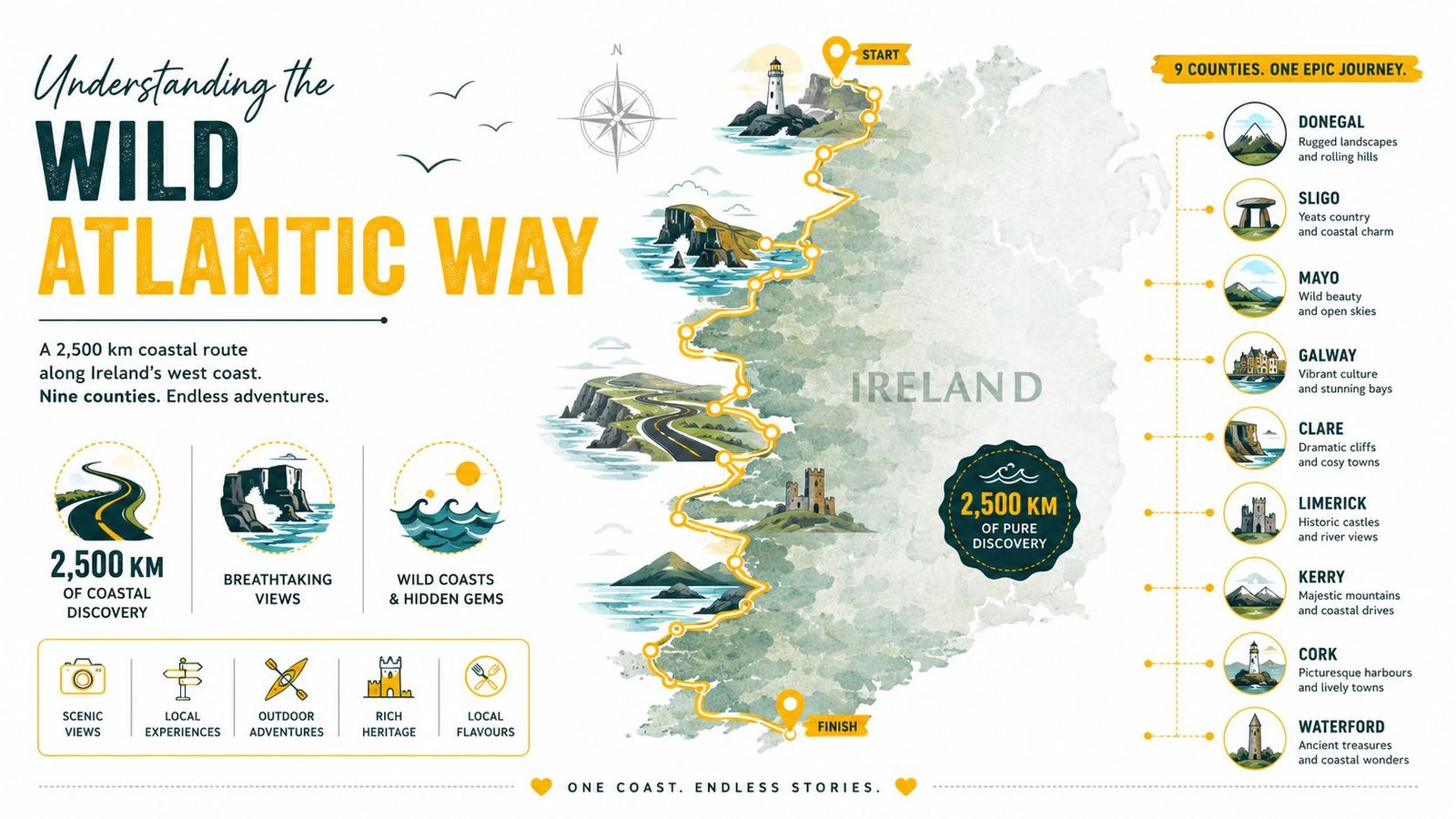 A map illustration of the Wild Atlantic Way in Ireland, highlighting the coastal route through nine counties.