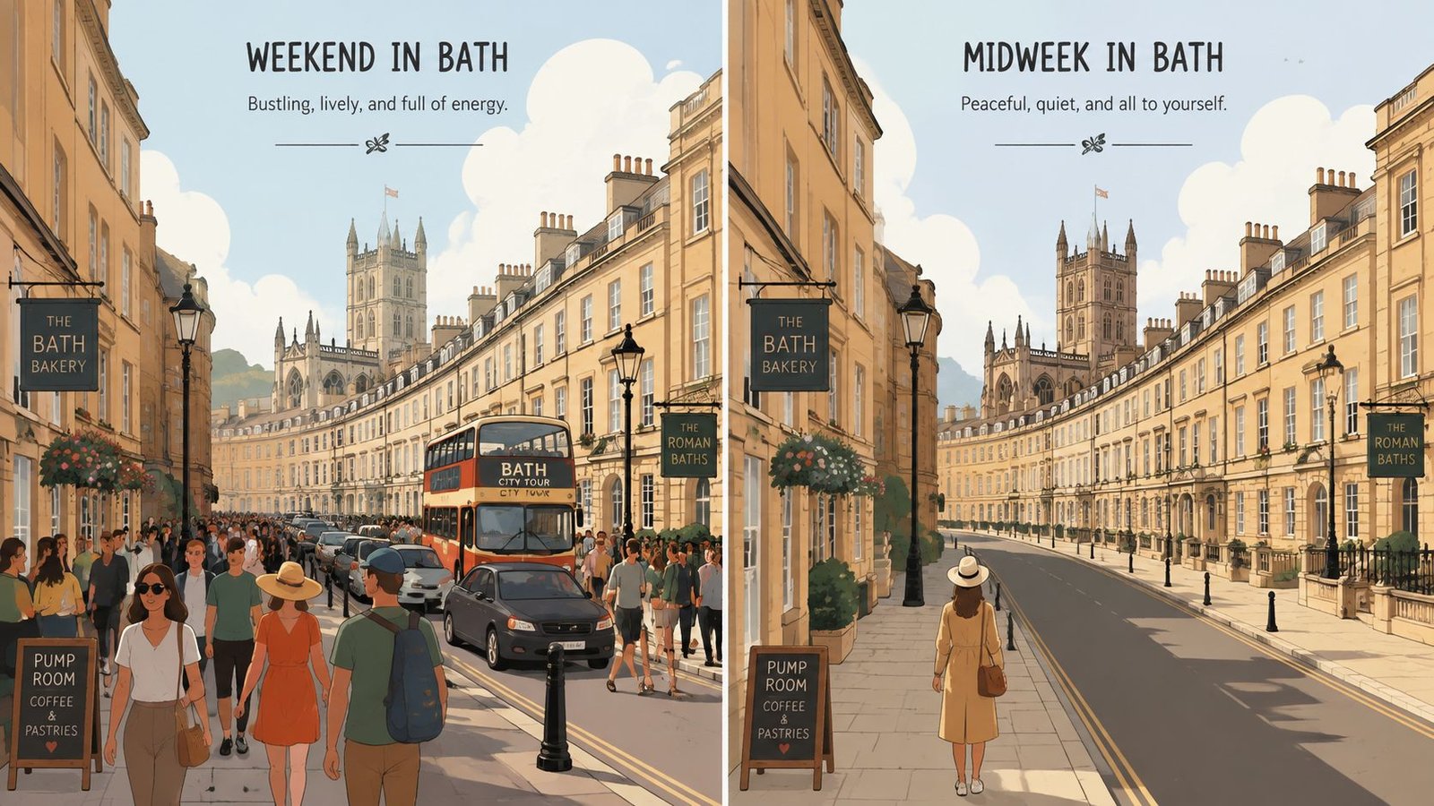 A split image comparison showing a crowded street in Bath on a weekend versus a quiet street midweek.
