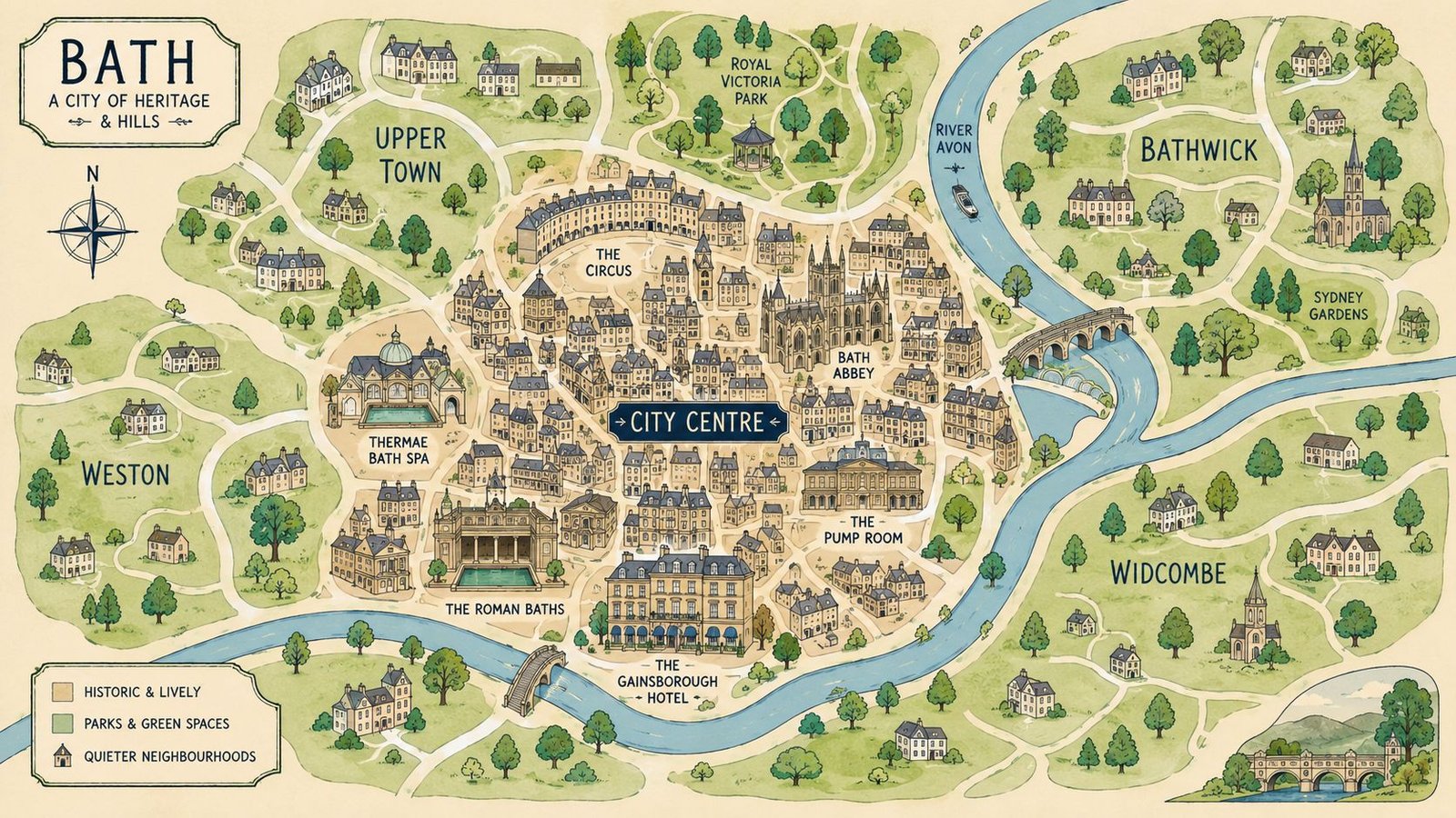An illustrated map of Bath city, showing landmarks like the Roman Baths, Abbey, and River Avon winding through.