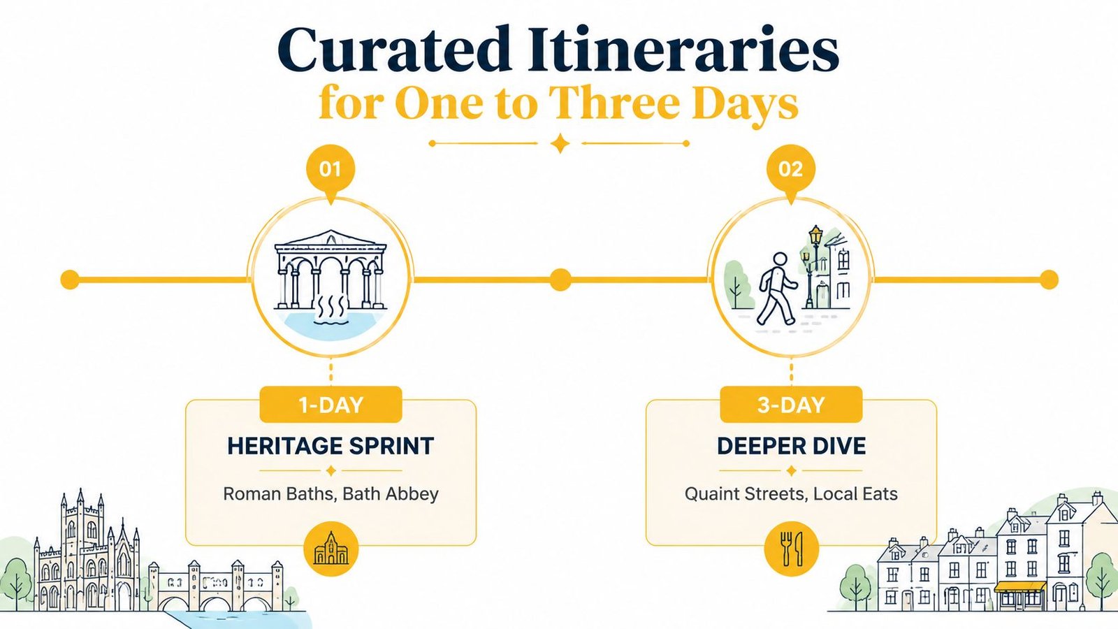 An infographic showing two curated travel itinerary options for visiting the city of Bath, England.