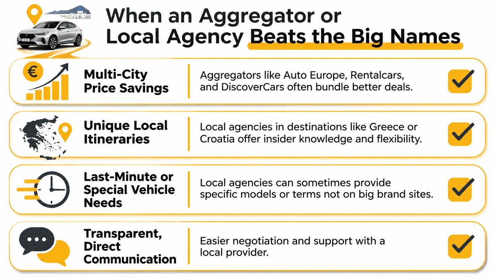 An infographic comparing the benefits of choosing aggregators and local car rental agencies over major brands.