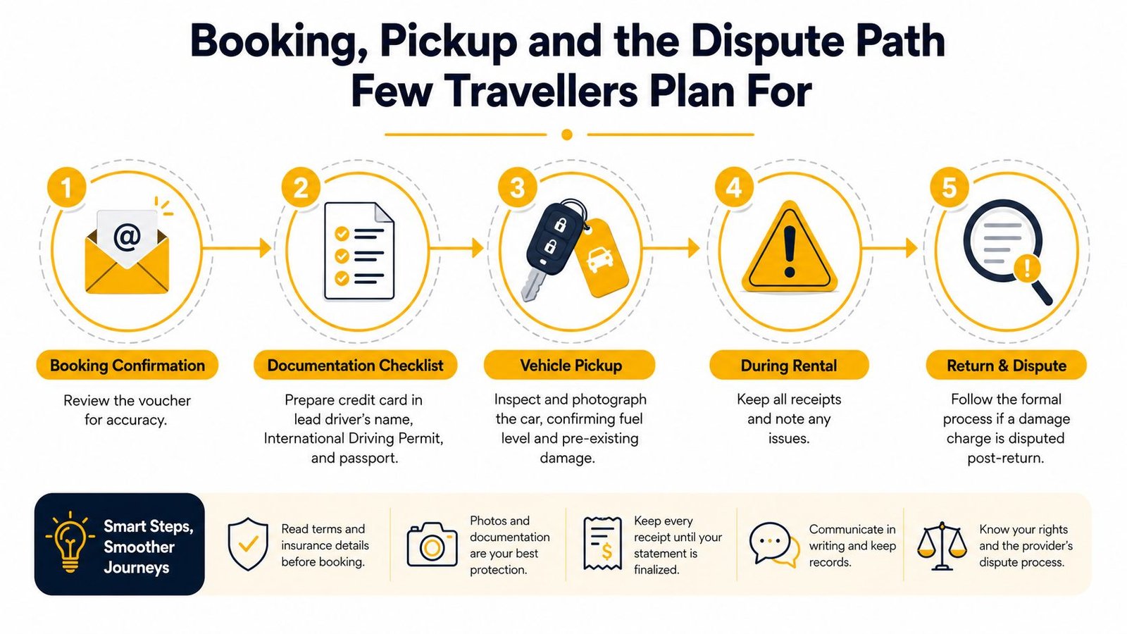 An infographic showing a five-step process for car rental booking, pickup, and managing potential damage disputes.