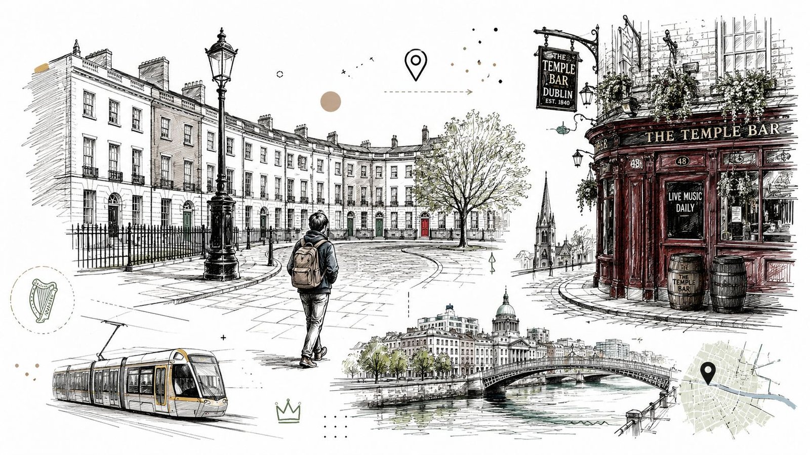 A detailed artistic sketch collage depicting iconic Dublin street scenes, a historic pub, and city landmarks.