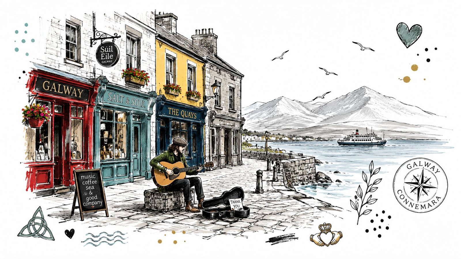 An artistic illustration featuring a street musician playing guitar in front of colorful shops in Galway, Ireland.