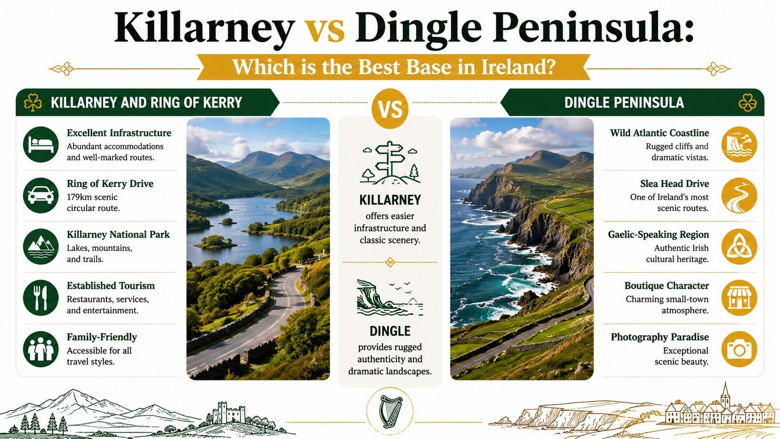 A travel comparison infographic showing the pros and cons of visiting Killarney versus Dingle Peninsula in Ireland.
