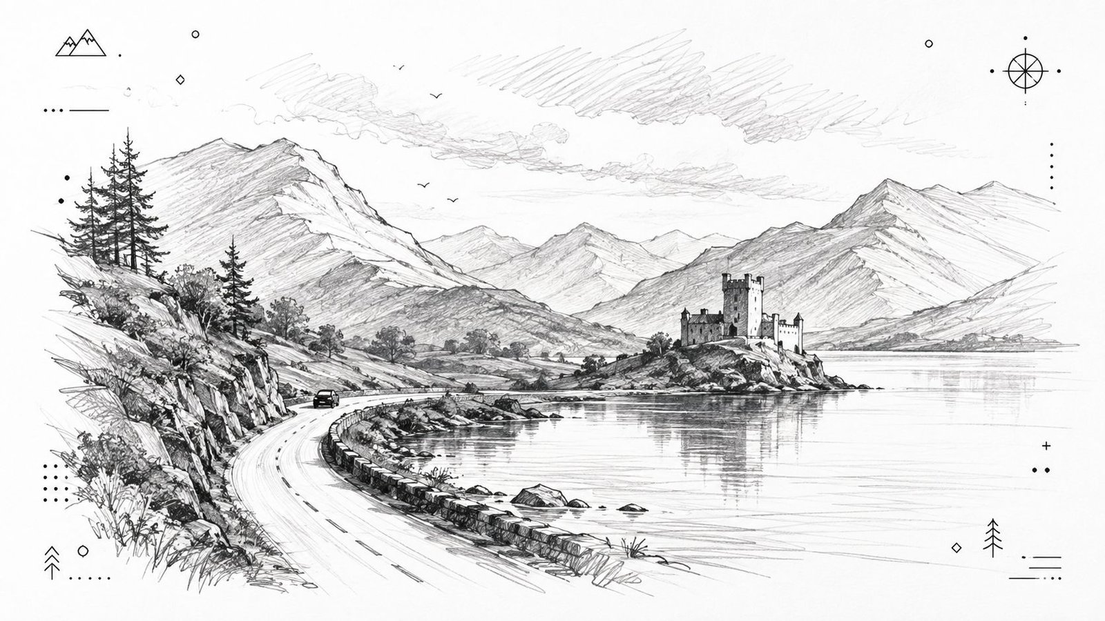 A detailed pencil sketch of a scenic coastal road trip leading to a castle by the lake.