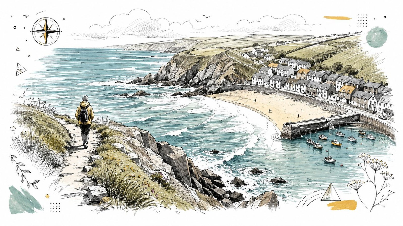 A hiker looking out over a charming coastal village with a sandy beach and small fishing boats