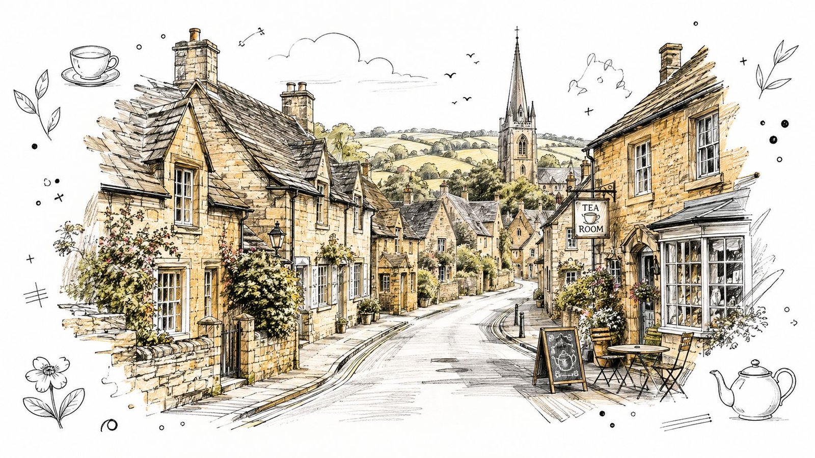 An artistic sketch of a charming English village street featuring stone cottages and a tea room.