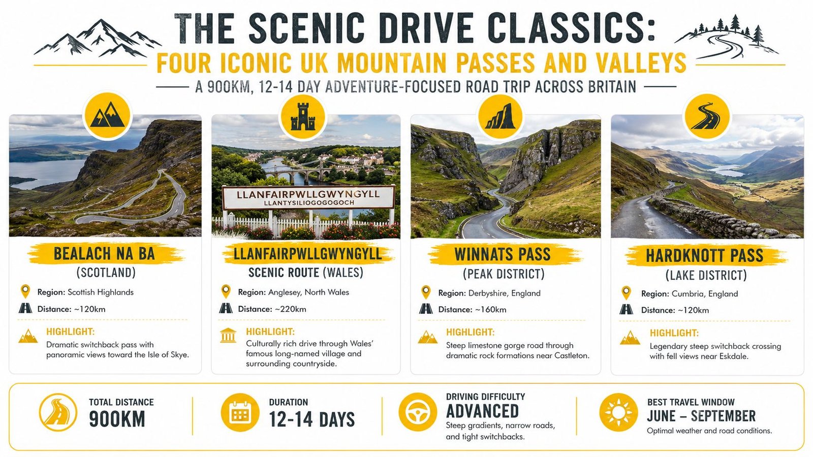 A travel infographic featuring four iconic UK mountain passes and scenic road trips across Britain.