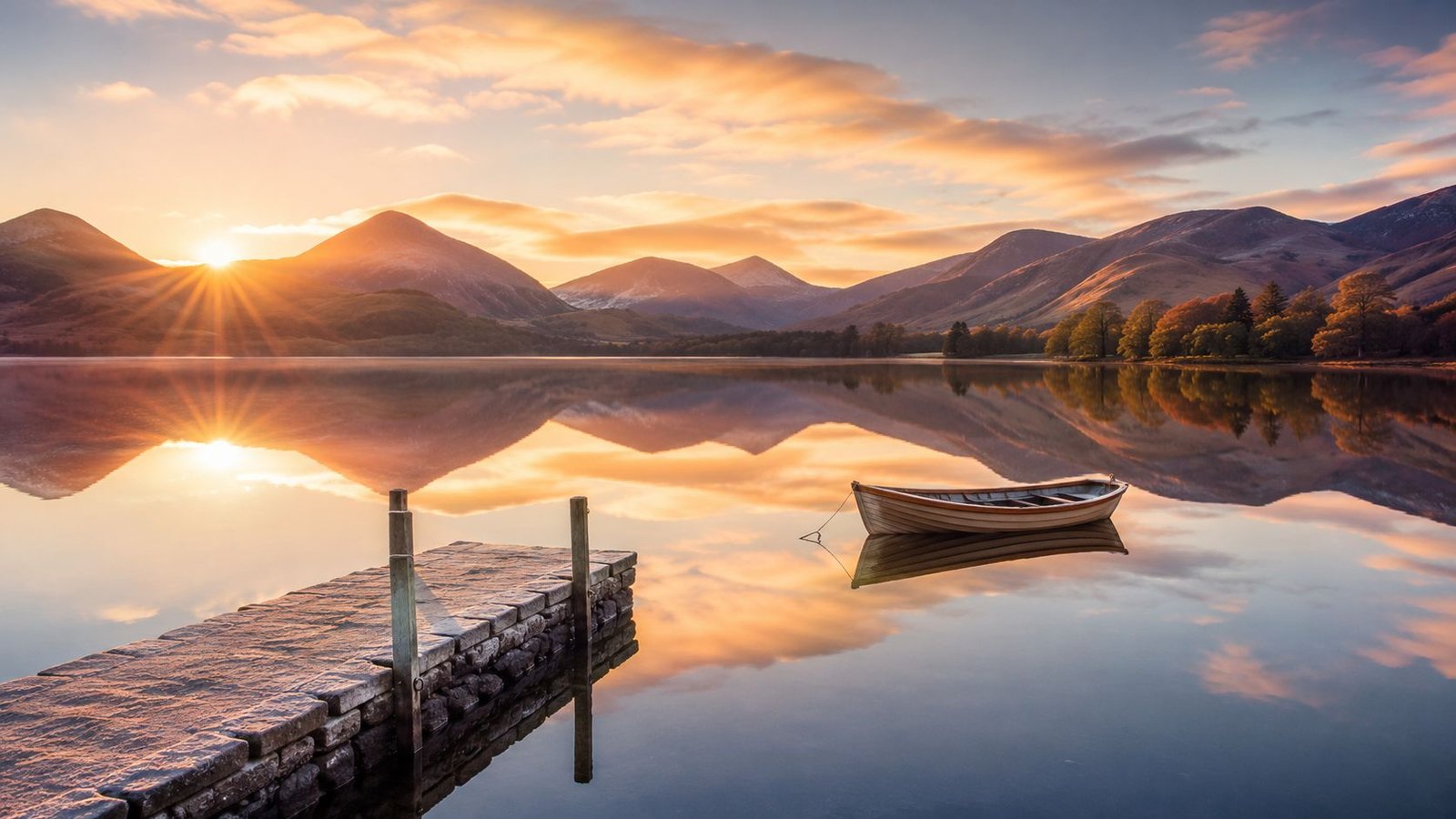 Sunrise over a calm Lake District waterway