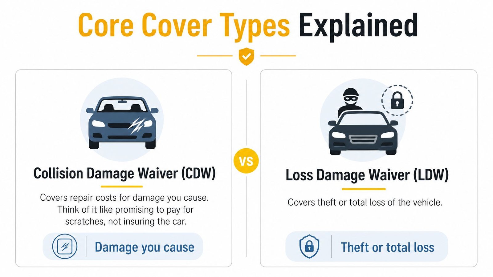 A comparison chart explaining the difference between car rental Collision Damage Waiver and Loss Damage Waiver coverage.