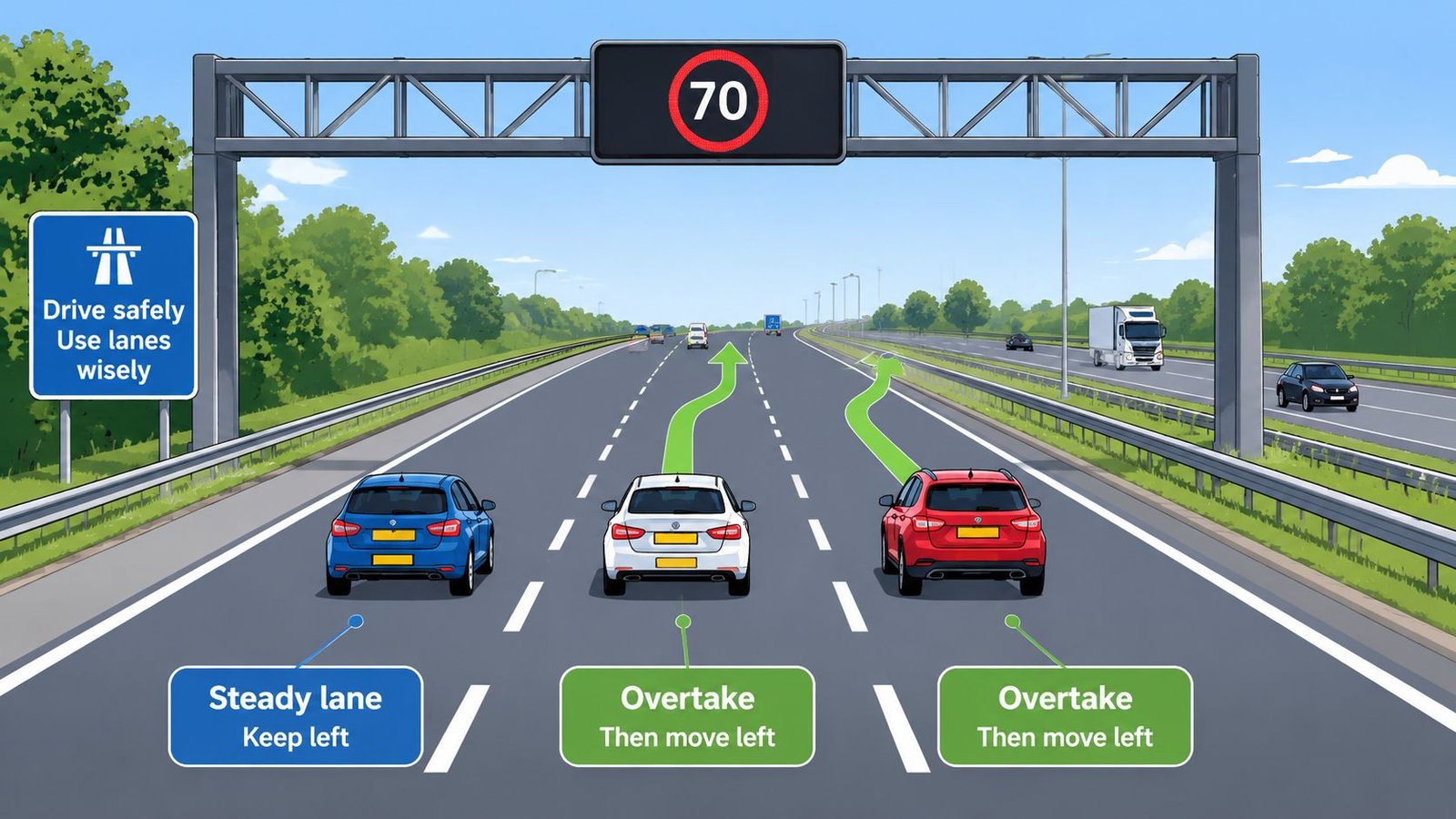 An illustration showing three cars on a UK motorway demonstrating correct lane discipline and safe overtaking techniques.