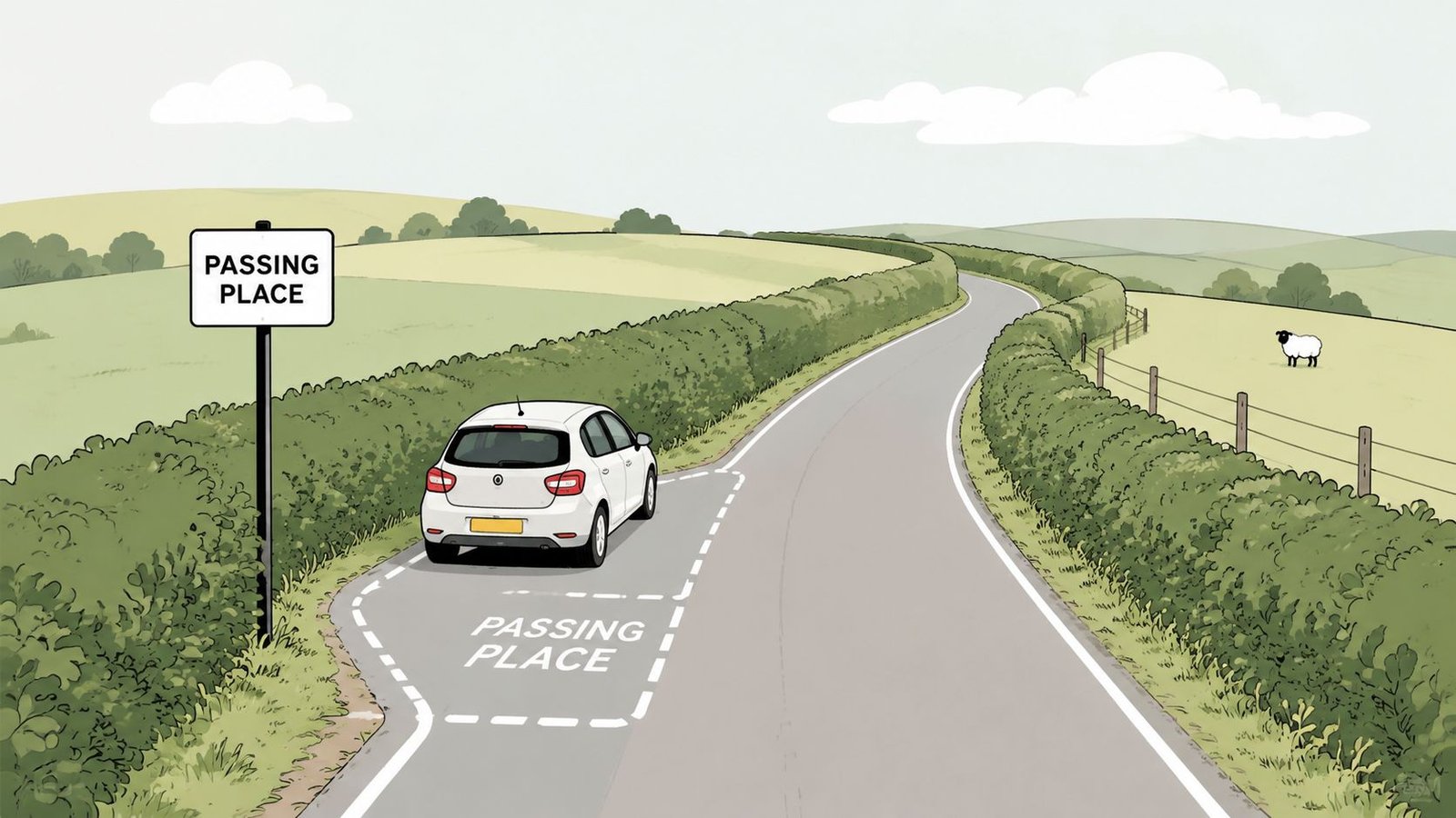 A white car parked in a designated passing place on a narrow rural country road in England.