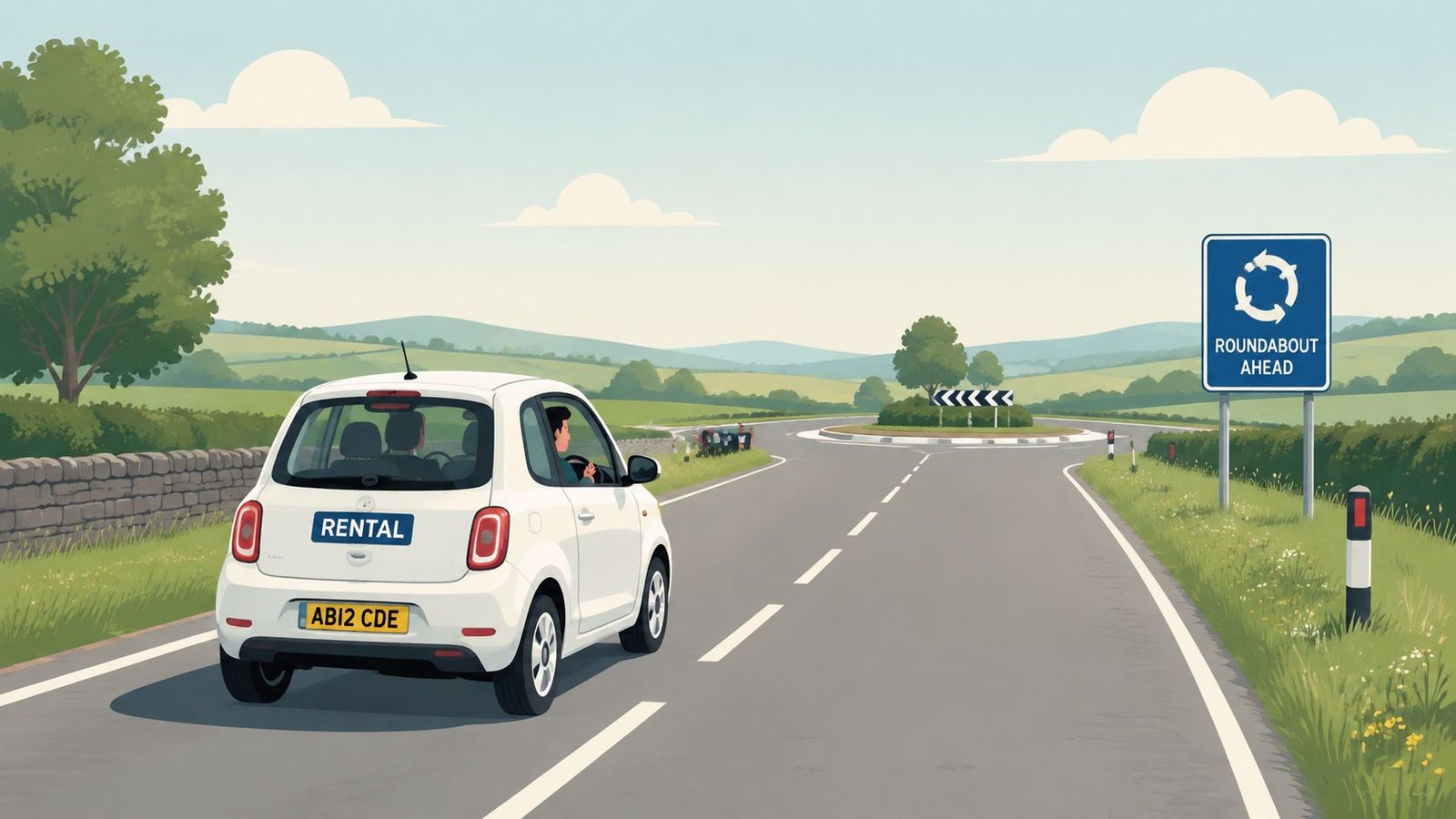 A white rental car driving on a rural road towards a roundabout with a traffic sign.