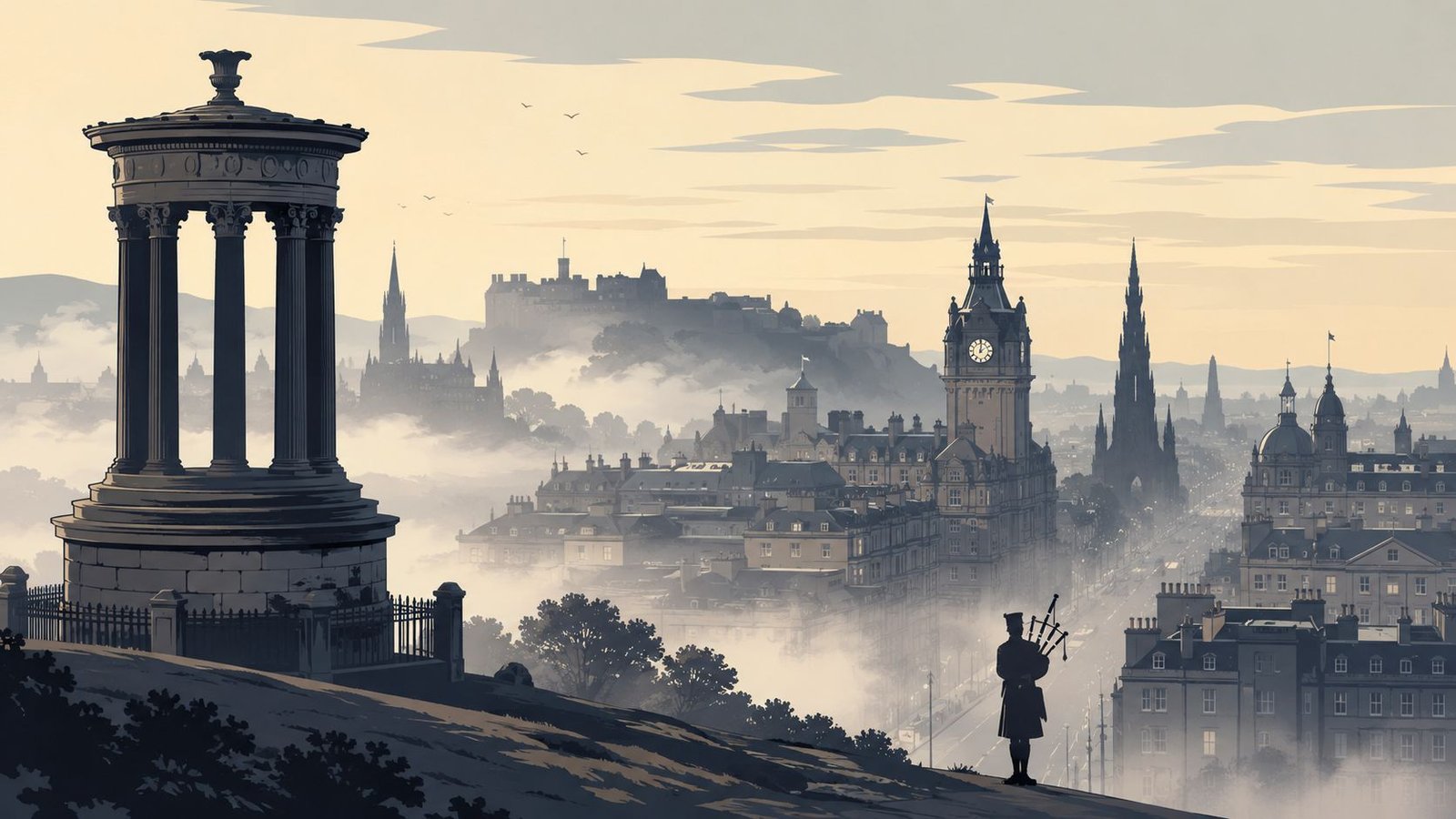 A scenic view of Edinburgh, Scotland featuring the Dugald Stewart Monument, castle, and a bagpiper at sunset.