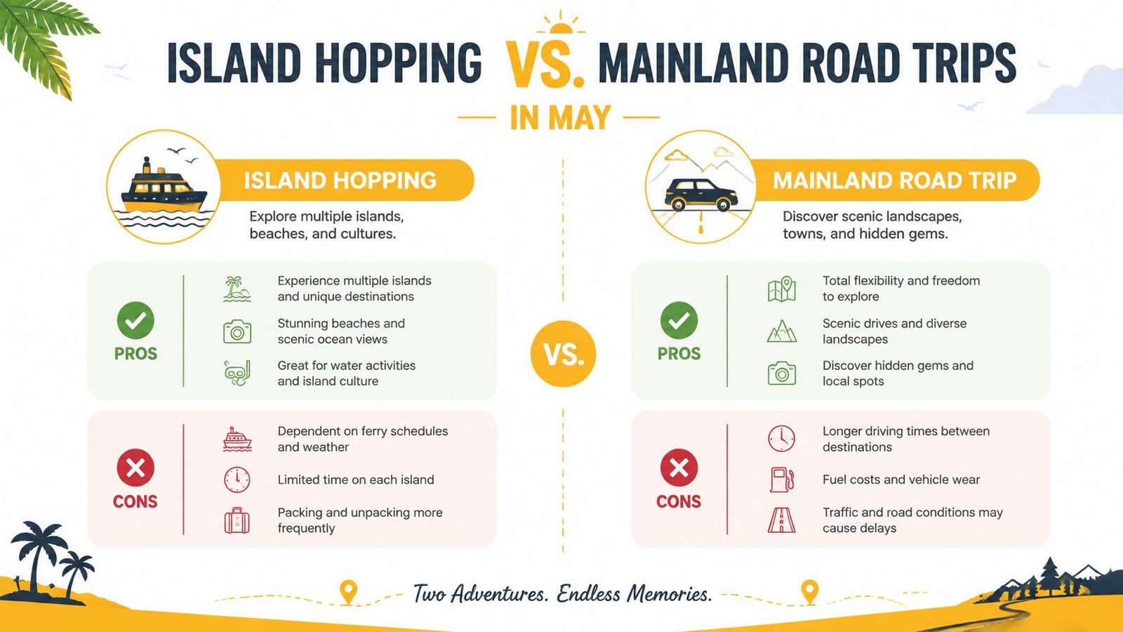An infographic comparing pros and cons of island hopping versus mainland road trips during the month of May.