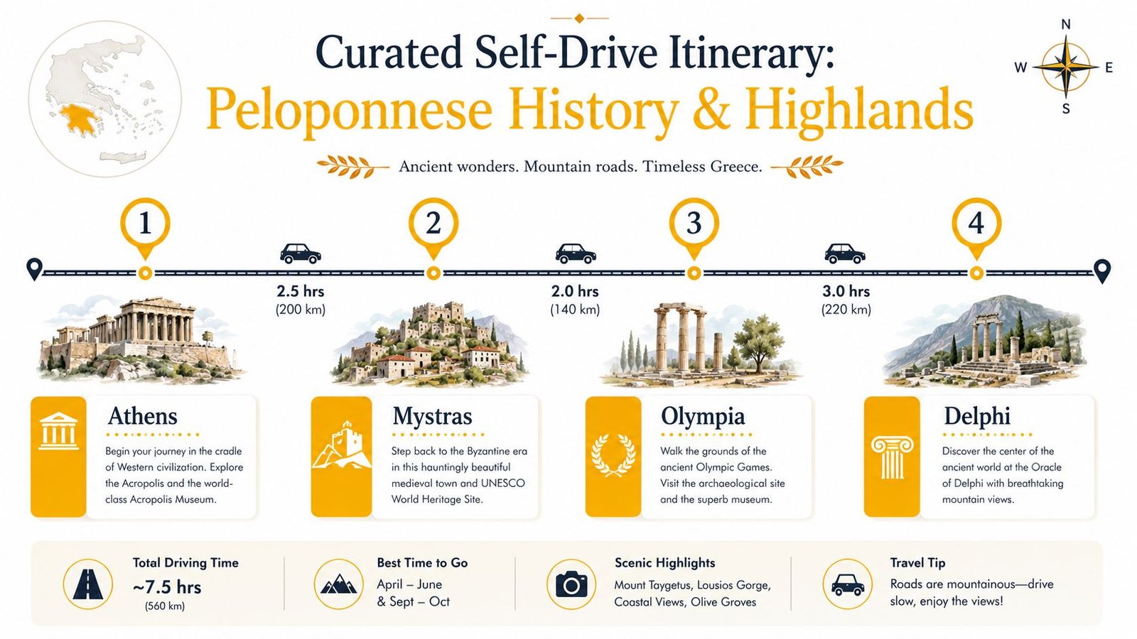 A travel infographic showing a four-stop self-drive itinerary through historic sites in the Peloponnese region of Greece.