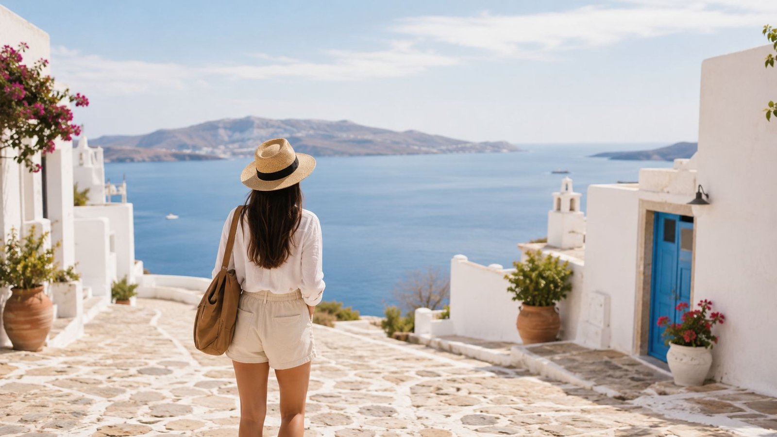 A woman in a straw hat and white outfit walking along a cobblestone path overlooking the sea