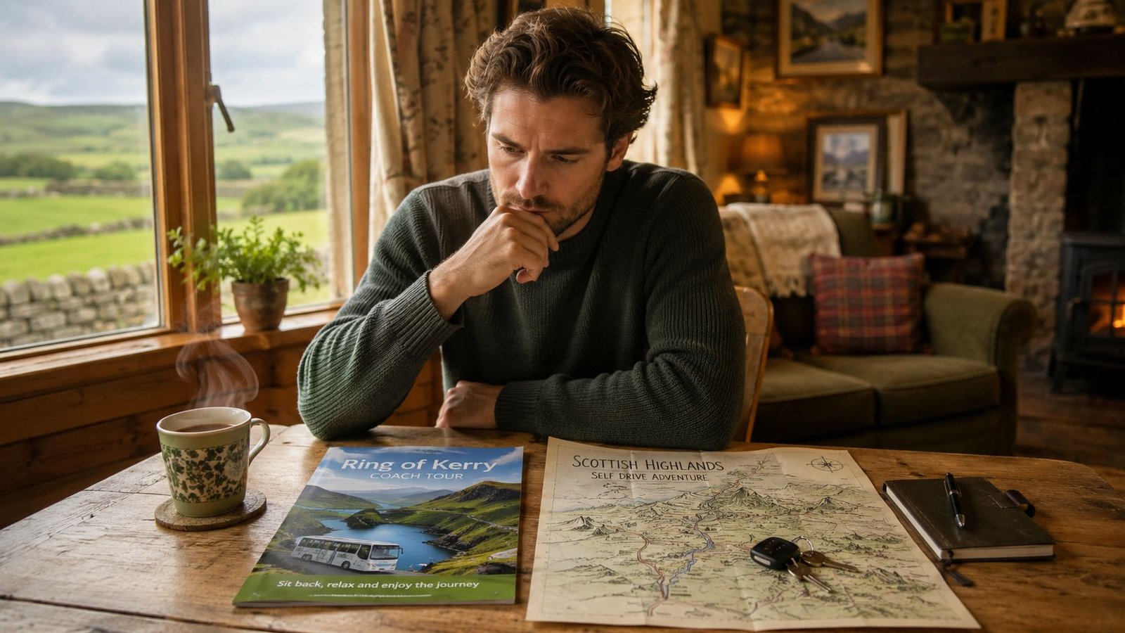 A man sits at a wooden table looking at travel brochures for both coach tours and self-drive adventures.