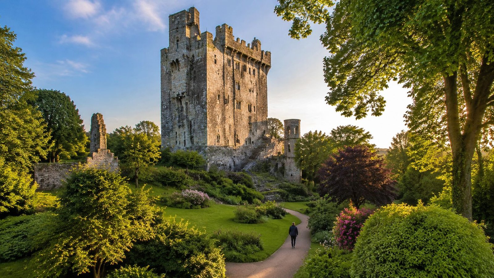 A person walking on a path toward the historic Blarney Castle surrounded by lush green gardens