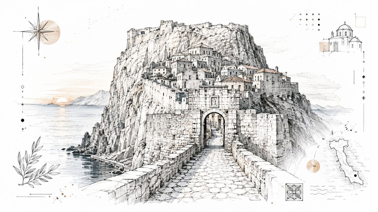 An intricate sketch of a historic hilltop castle town in the Peloponnese overlooking the sea at sunset.