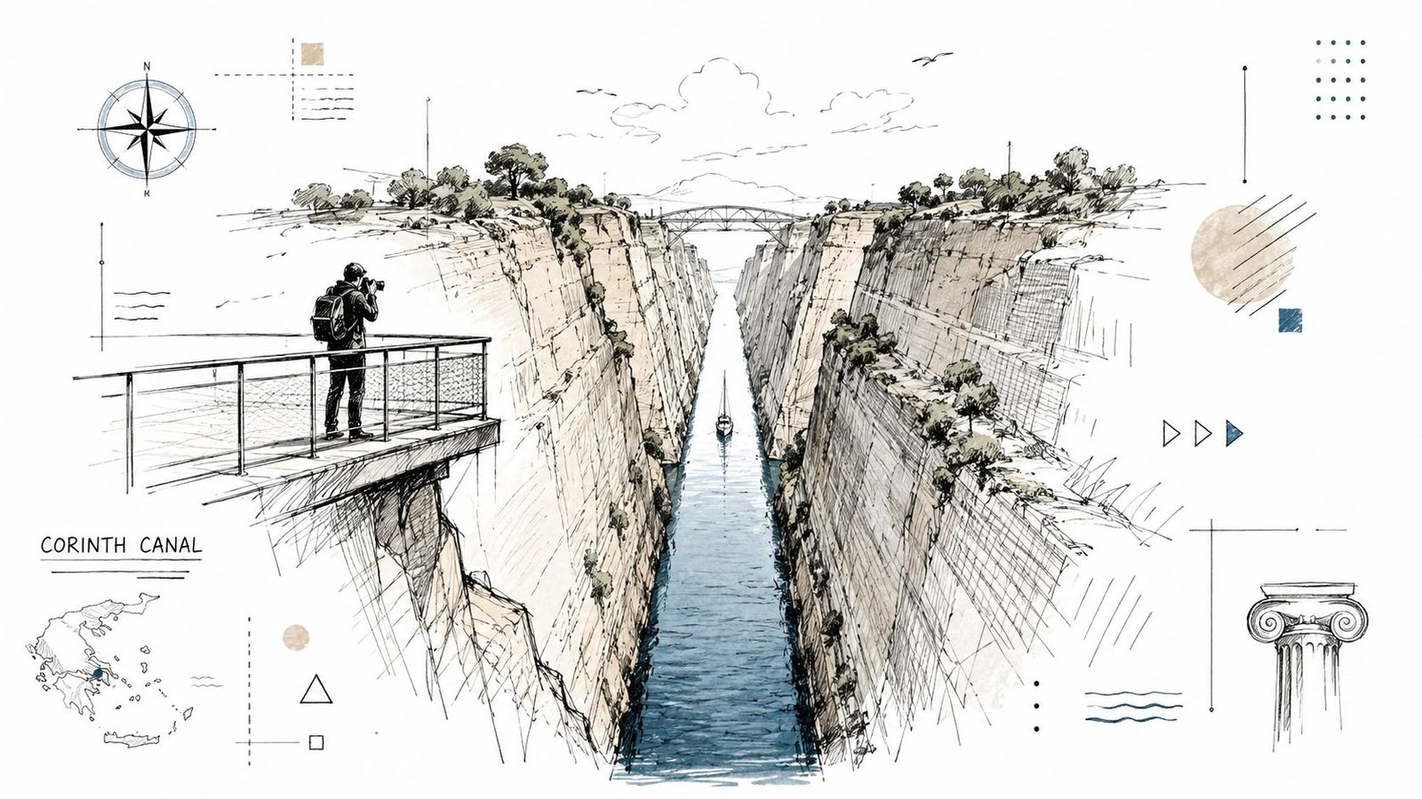 An artistic sketch illustration of the Corinth Canal in Greece with a photographer overlooking the waterway.