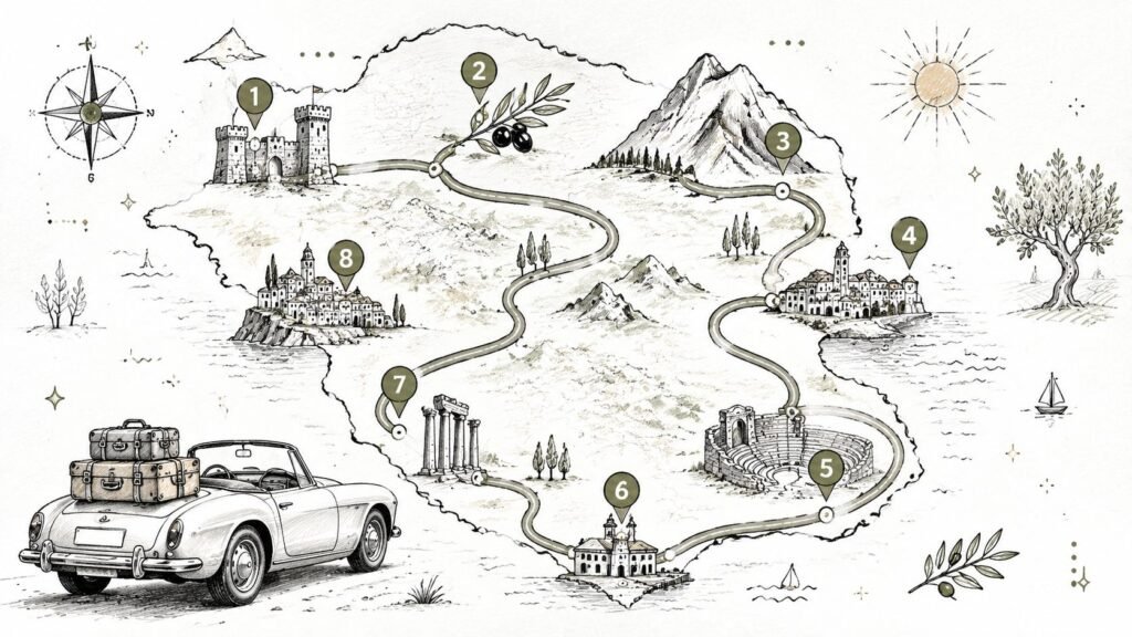 Peloponnese road trip illustrated map