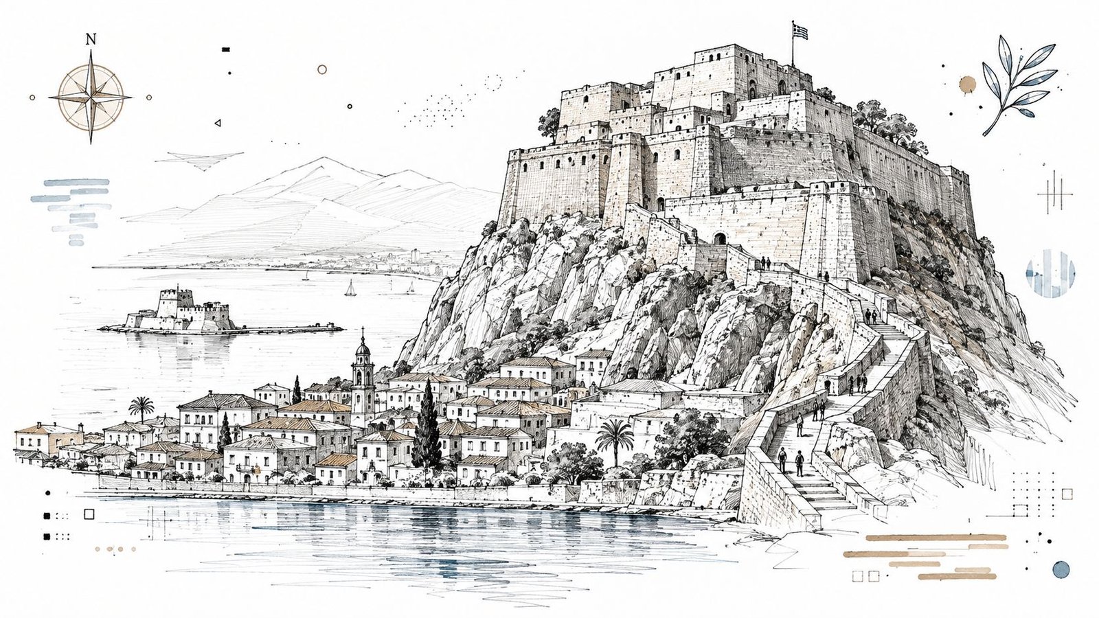 A beautiful sketch illustration of the Bourtzi castle and coastal town in Nafplio, Greece, overlooking the sea.