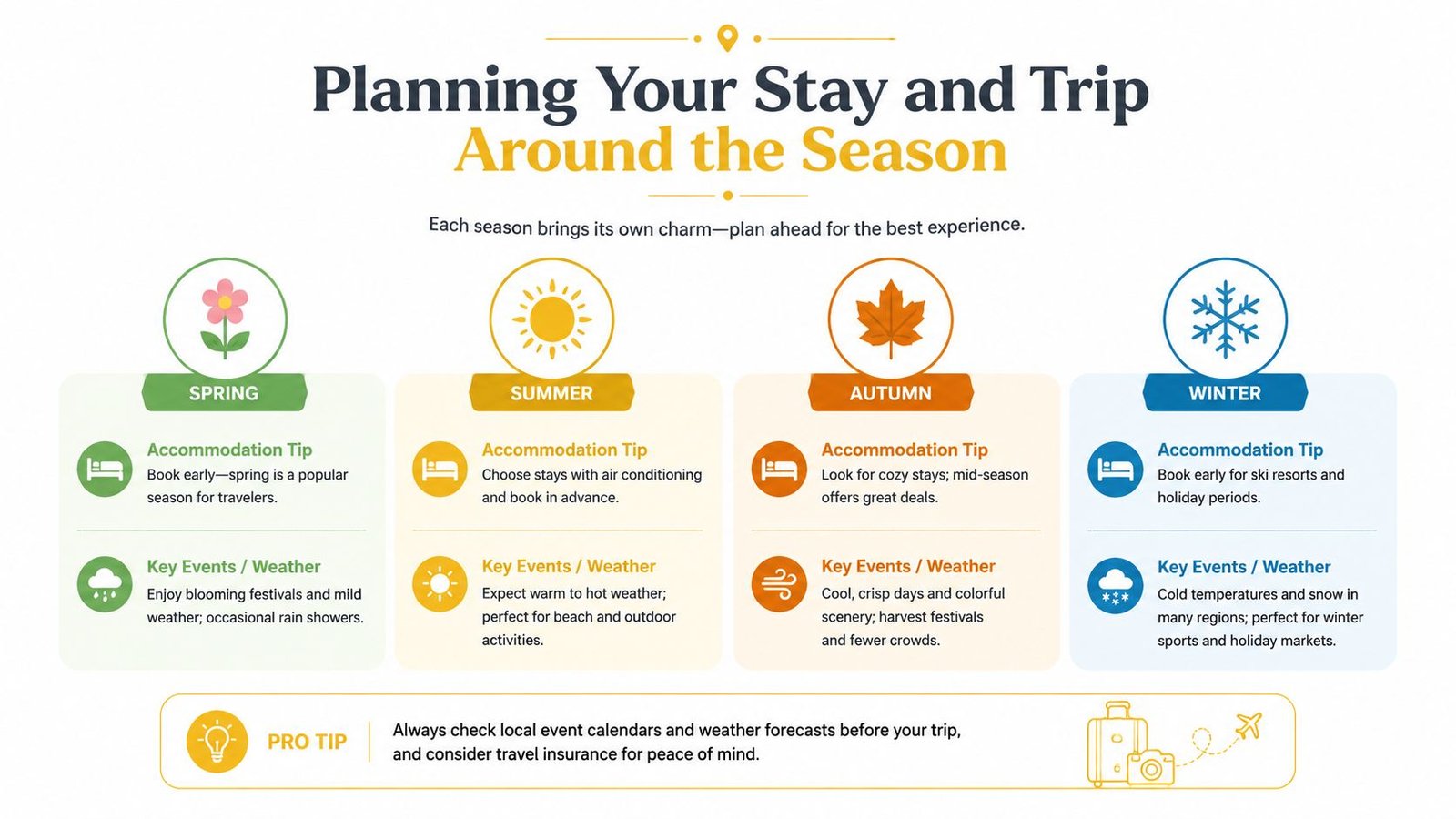 A travel planning infographic illustrating seasonal accommodation tips and key weather events for spring, summer, autumn, and winter.