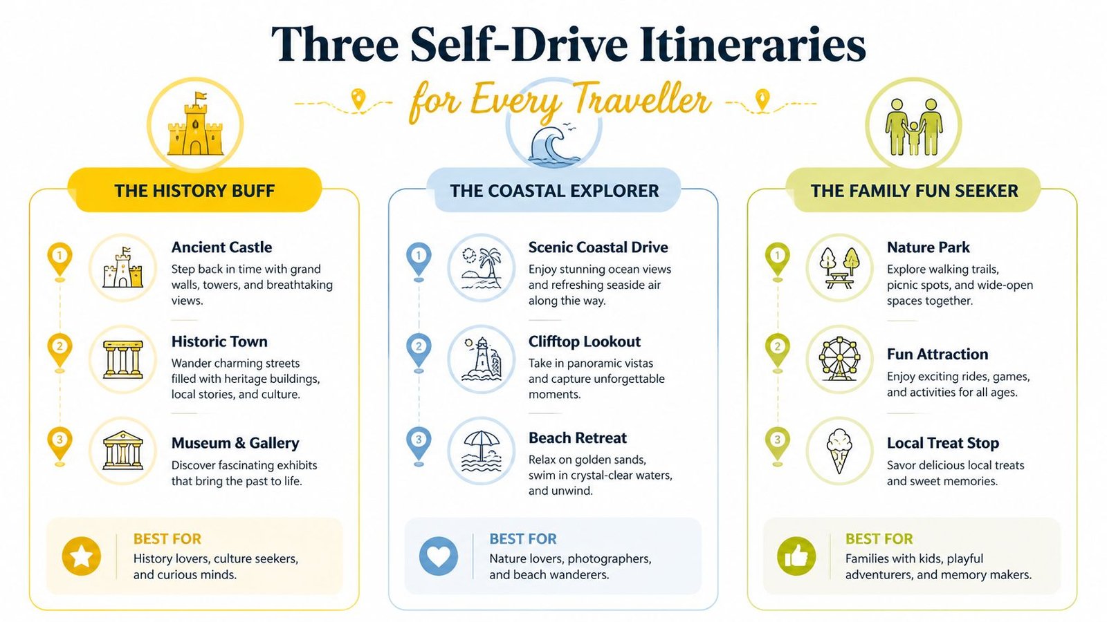 A travel infographic showcasing three self-drive itineraries for history buffs, coastal explorers, and family fun seekers.