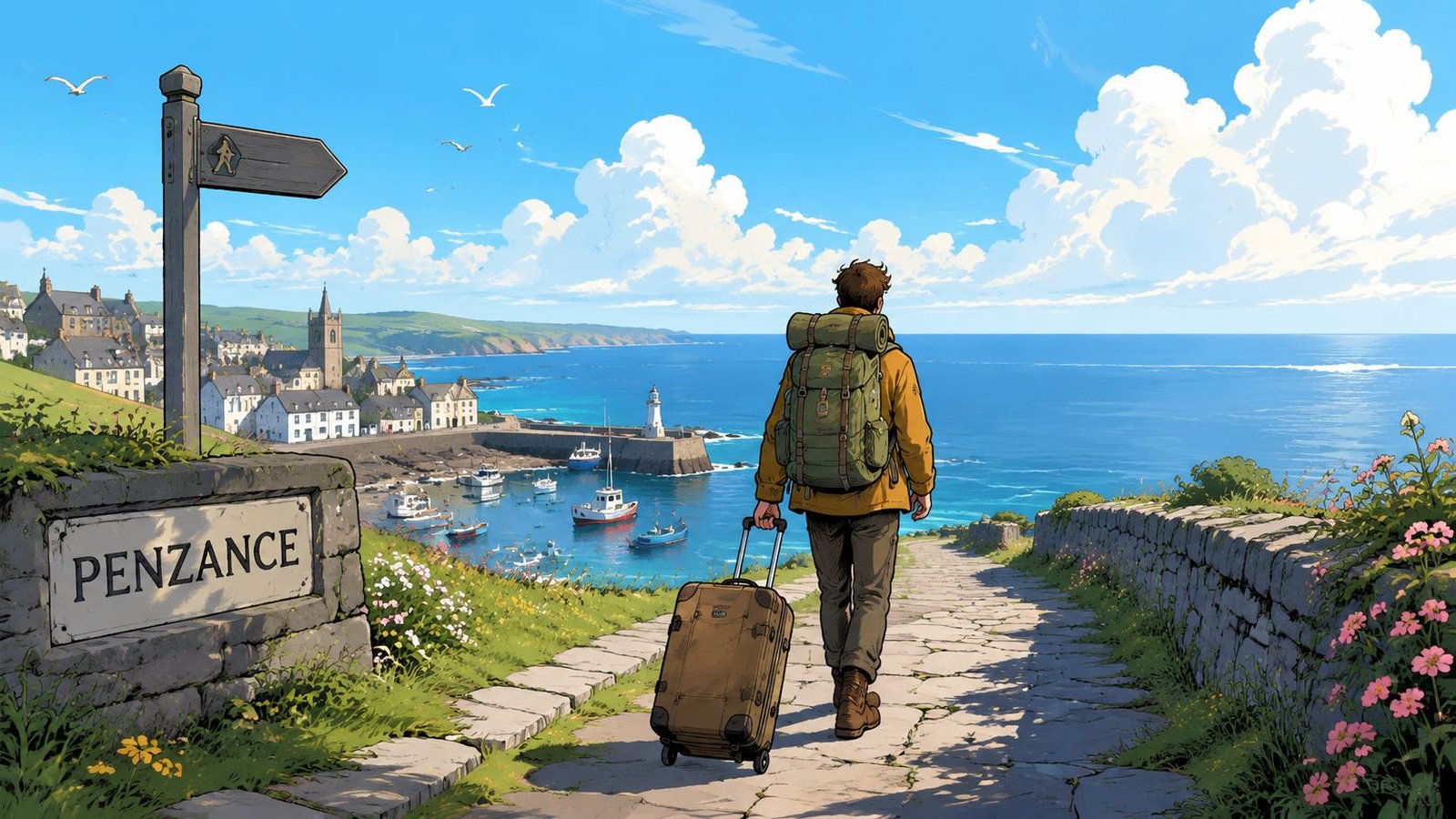 A traveler walking down a scenic stone path toward the coastal town of Penzance with luggage.