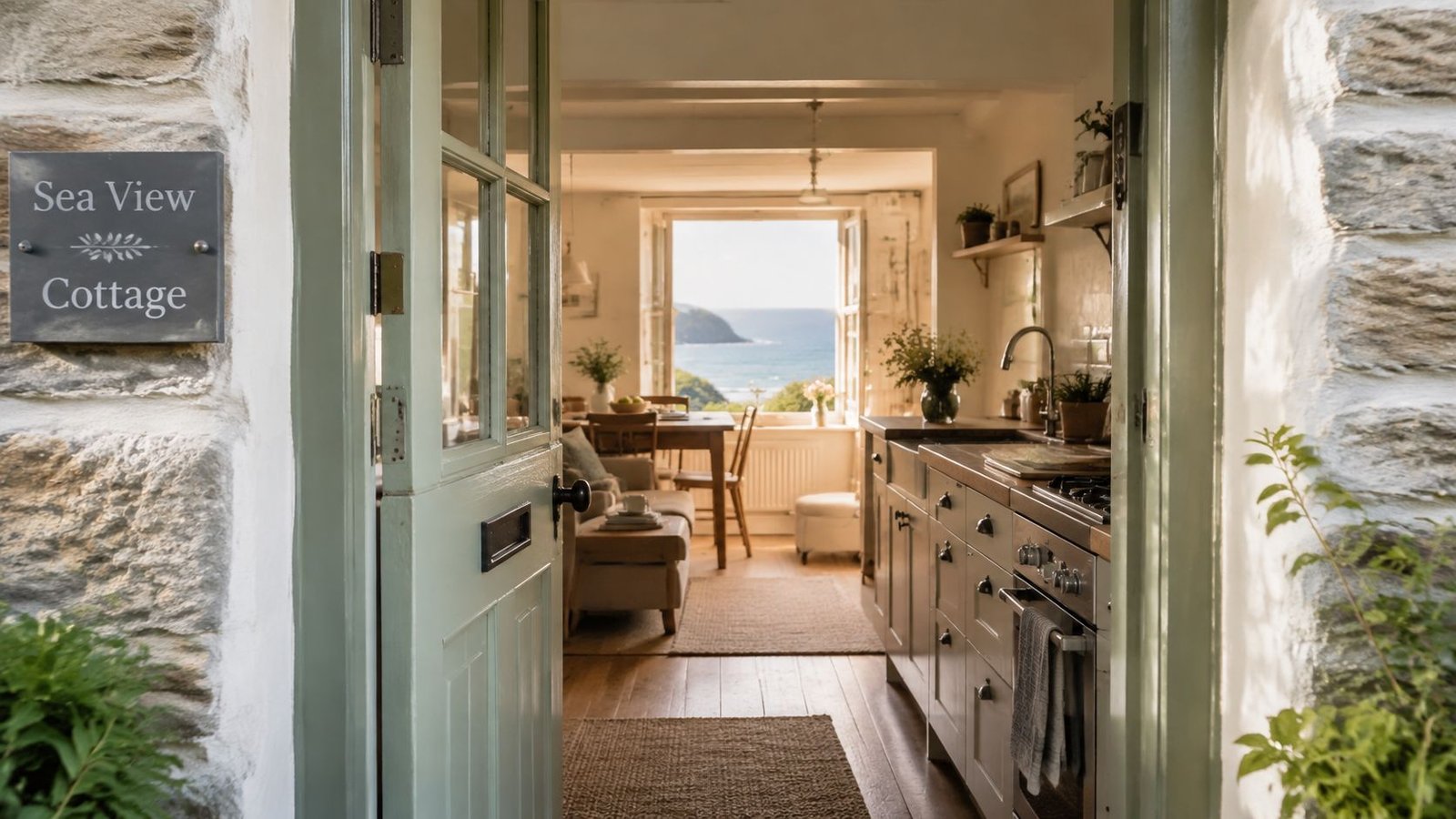 A view through an open green door into a charming coastal cottage interior with ocean views.