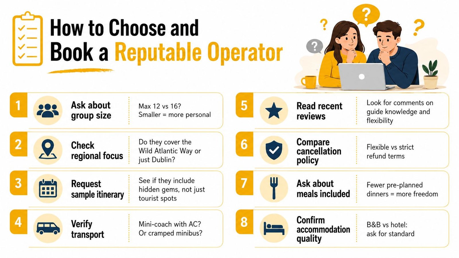 An infographic titled How to Choose and Book a Reputable Operator with eight tips for selecting tours.