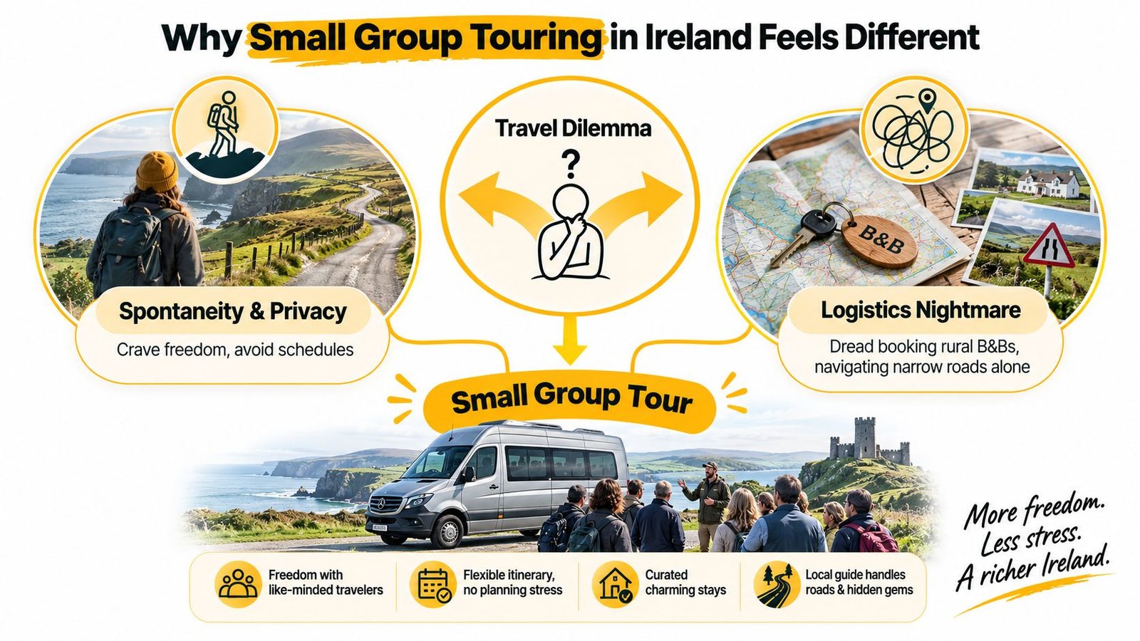 An infographic comparing independent travel challenges with the benefits of guided small group tours in Ireland.
