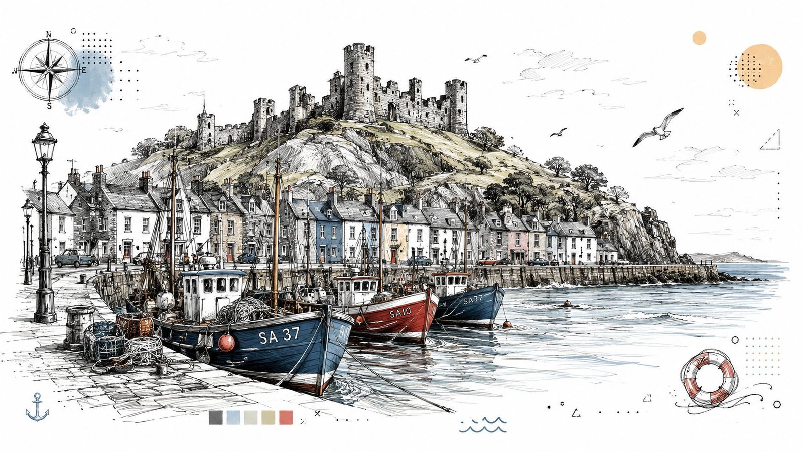 A scenic harbor view in New Quay, Wales featuring fishing boats docked before a hilltop castle.