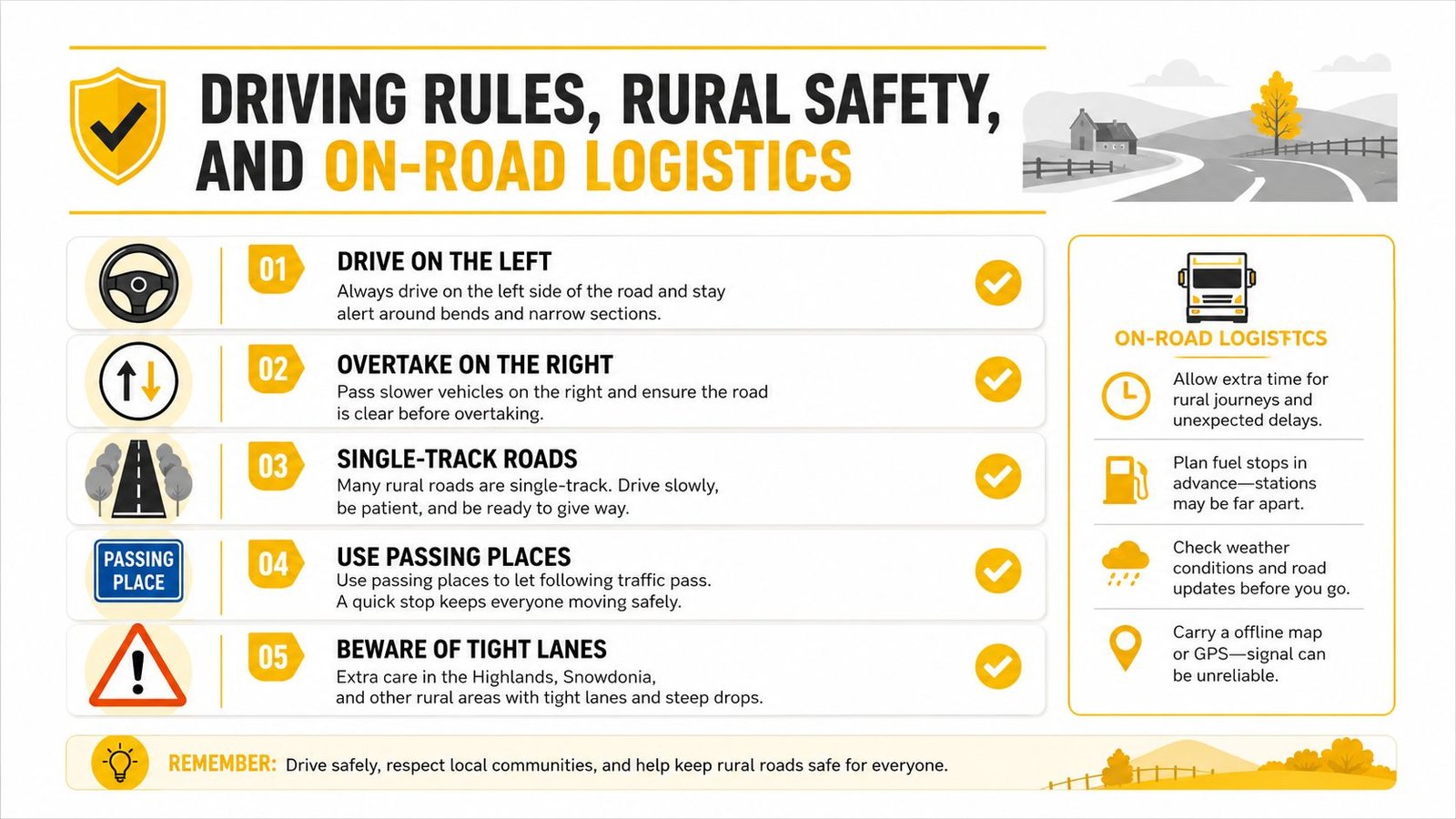 An infographic titled Driving Rules, Rural Safety, and On-Road Logistics with advice for safe rural driving.