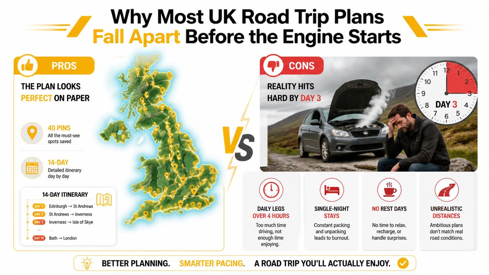 An infographic illustrating the common pitfalls of overly ambitious UK road trip itineraries, comparing pros with reality.