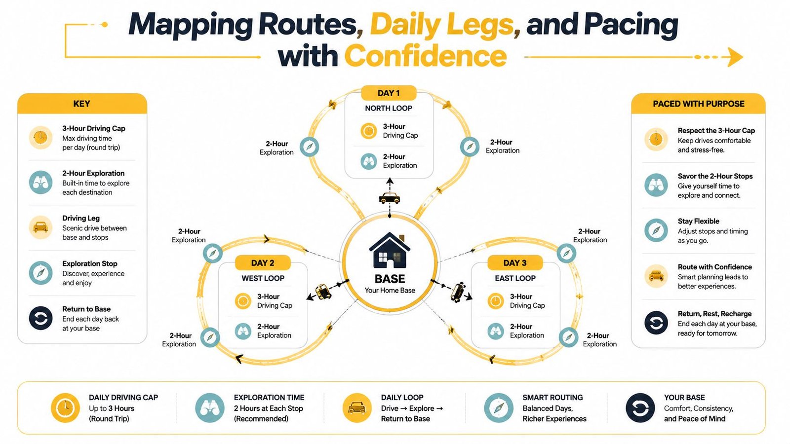 An infographic diagram explaining a three-day road trip route planning method based at a central home base.