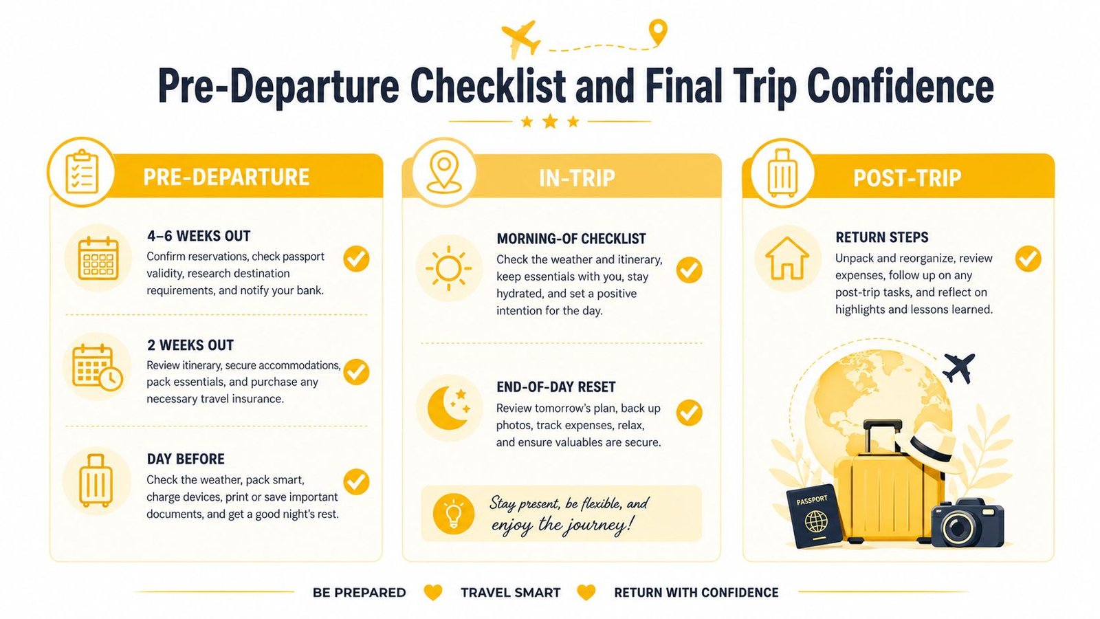 A travel infographic titled Pre-Departure Checklist and Final Trip Confidence with advice for planning trips.