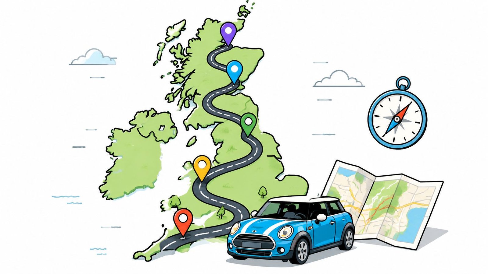 Uk road trip planner travel illustration