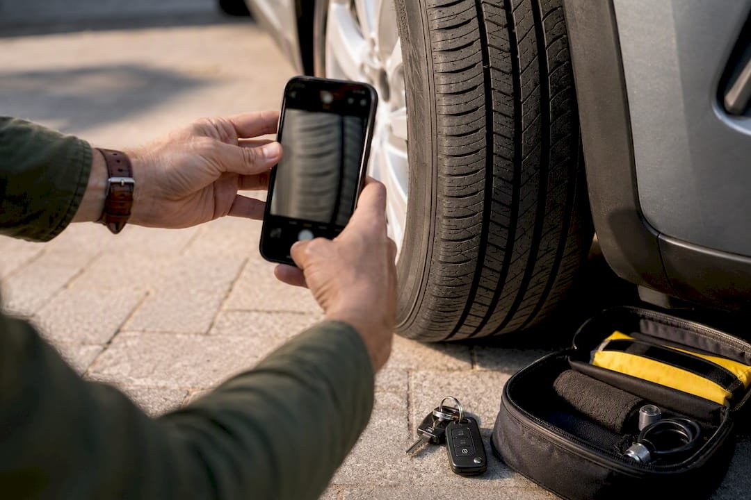 Photographing a vehicle tire before departure