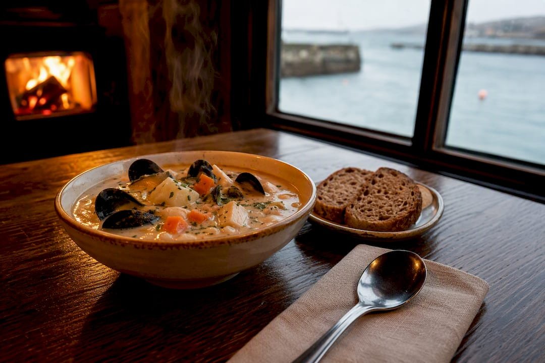 Seafood chowder and brown bread by water