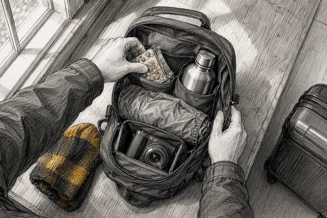 Day bag packed with road trip essentials