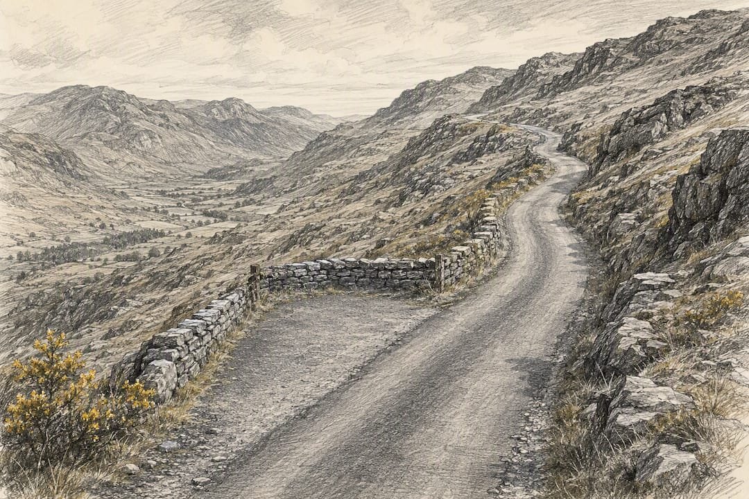 Narrow road descending through Lake District fells
