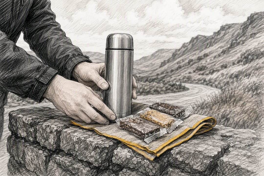 Flask and snacks at remote roadside pull-in