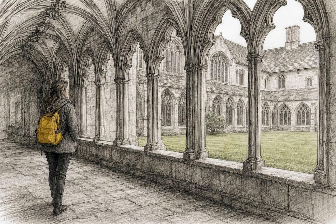 Historic Lacock Abbey cloisters and stone arches