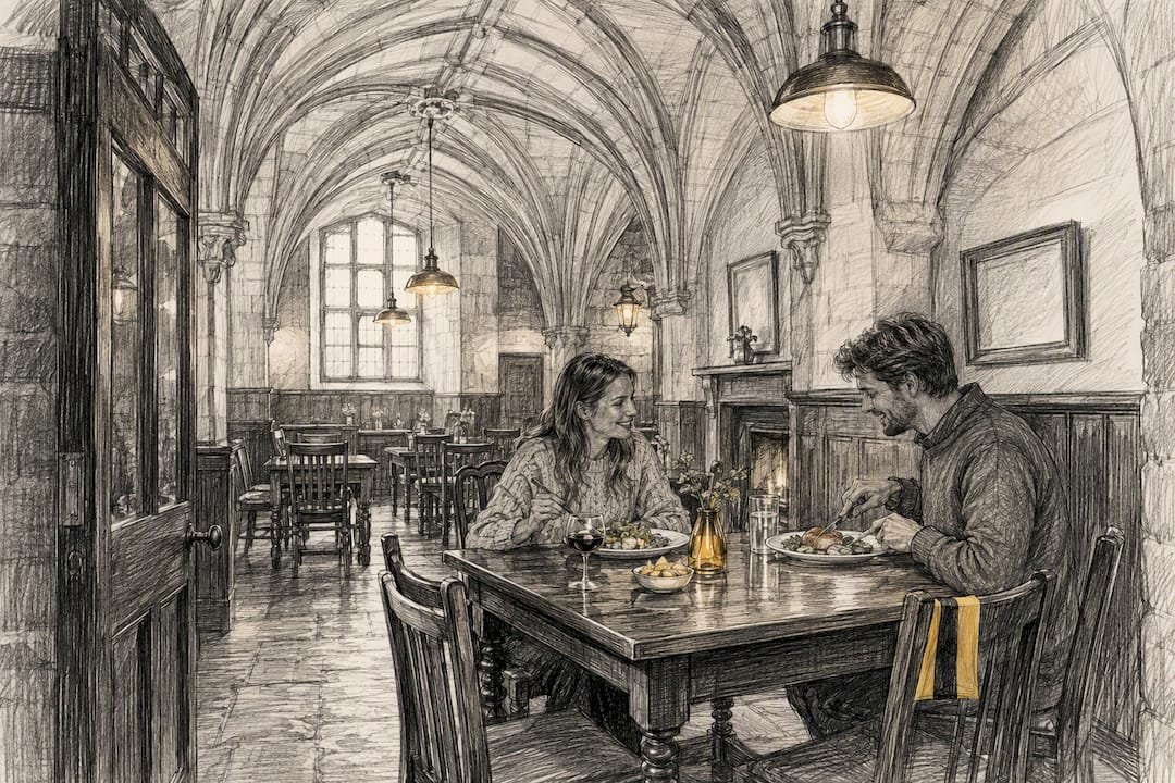 Traditional meal beneath Oxford vaulted ceiling