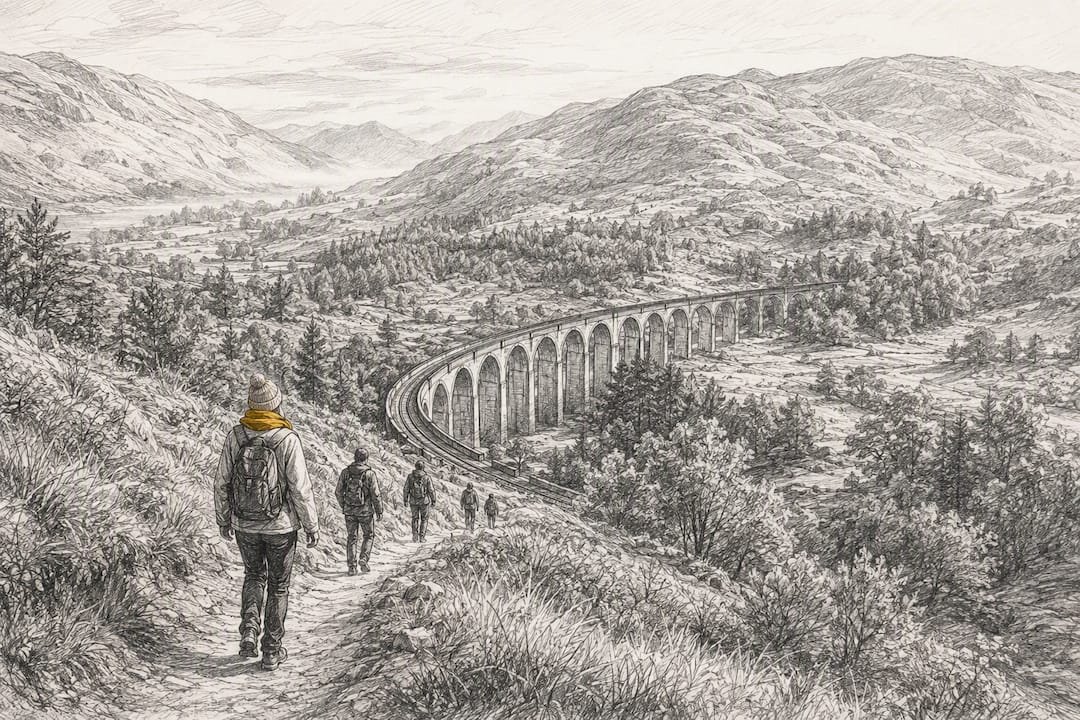 Glenfinnan Viaduct across Highland landscape