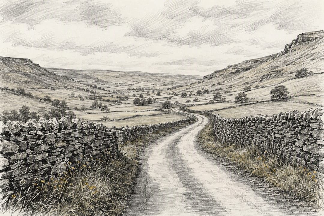 Quiet Yorkshire Dales lane beside stone walls